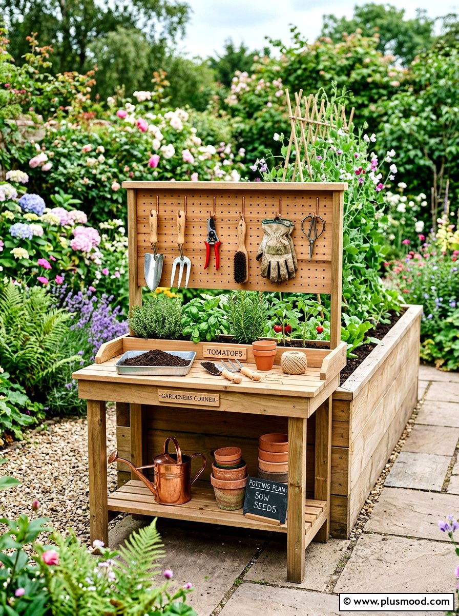 Small potting station - 25 small backyard ideas with raised garden