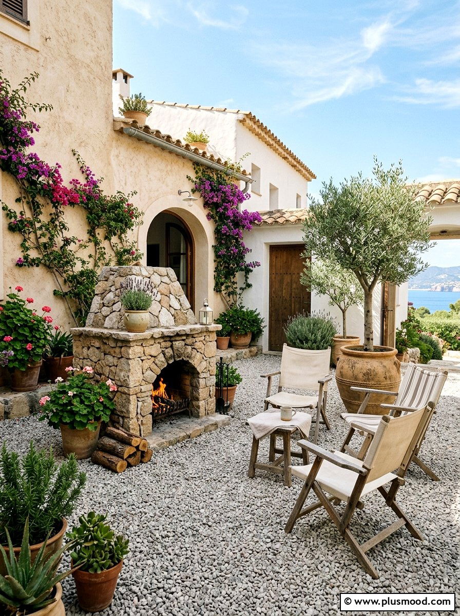 Small stone fireplace with gravel floor - 25 small backyard ideas with outdoor fireplace