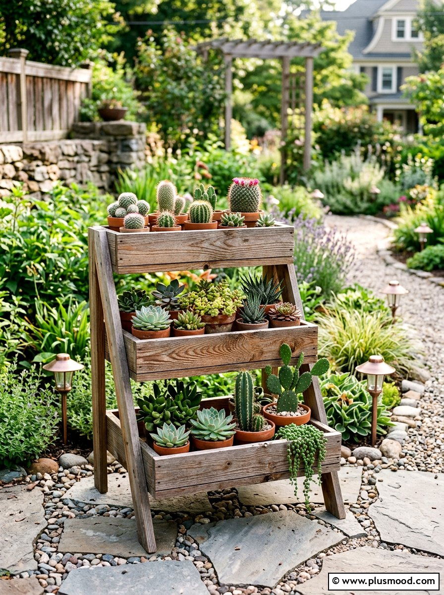 Small tiered planter - 25 small backyard ideas with cactus garden
