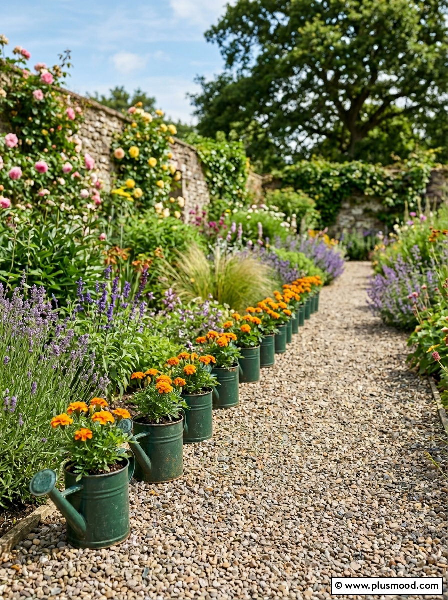 Small watering can border - 25 outdoor garden decor ideas with watering cans