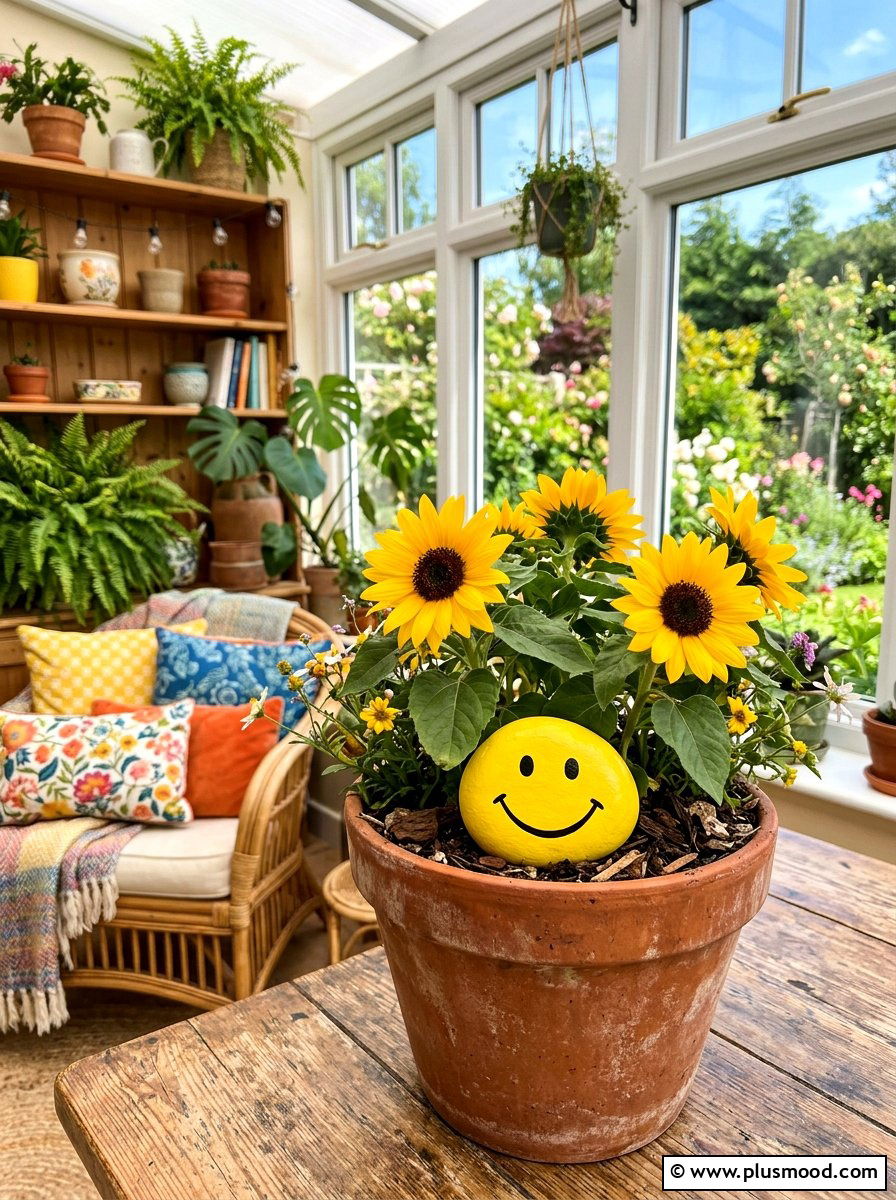 Smiley face yellow stone for plant - 25 painted rock ideas for plant pot decoration