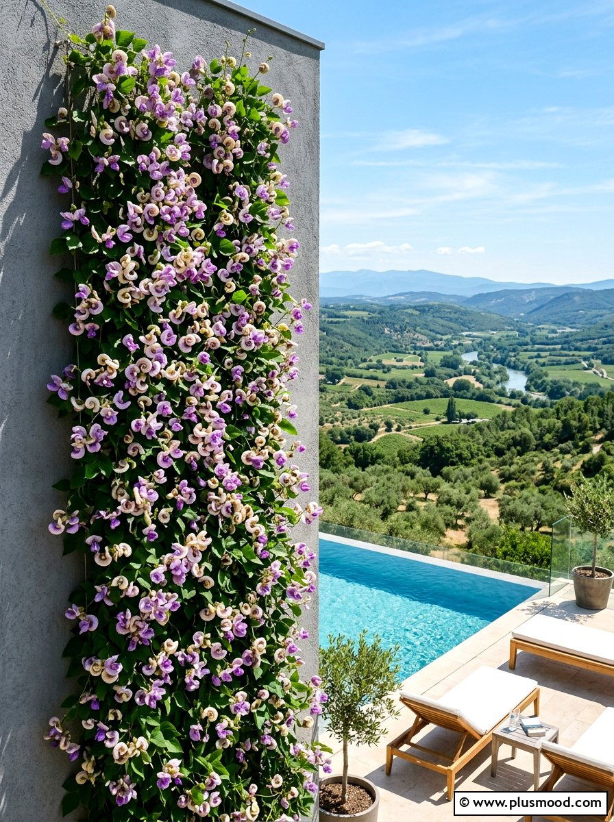 Snail Vine Lavender Bloom Wall - 25 pool landscaping ideas with climbing plants