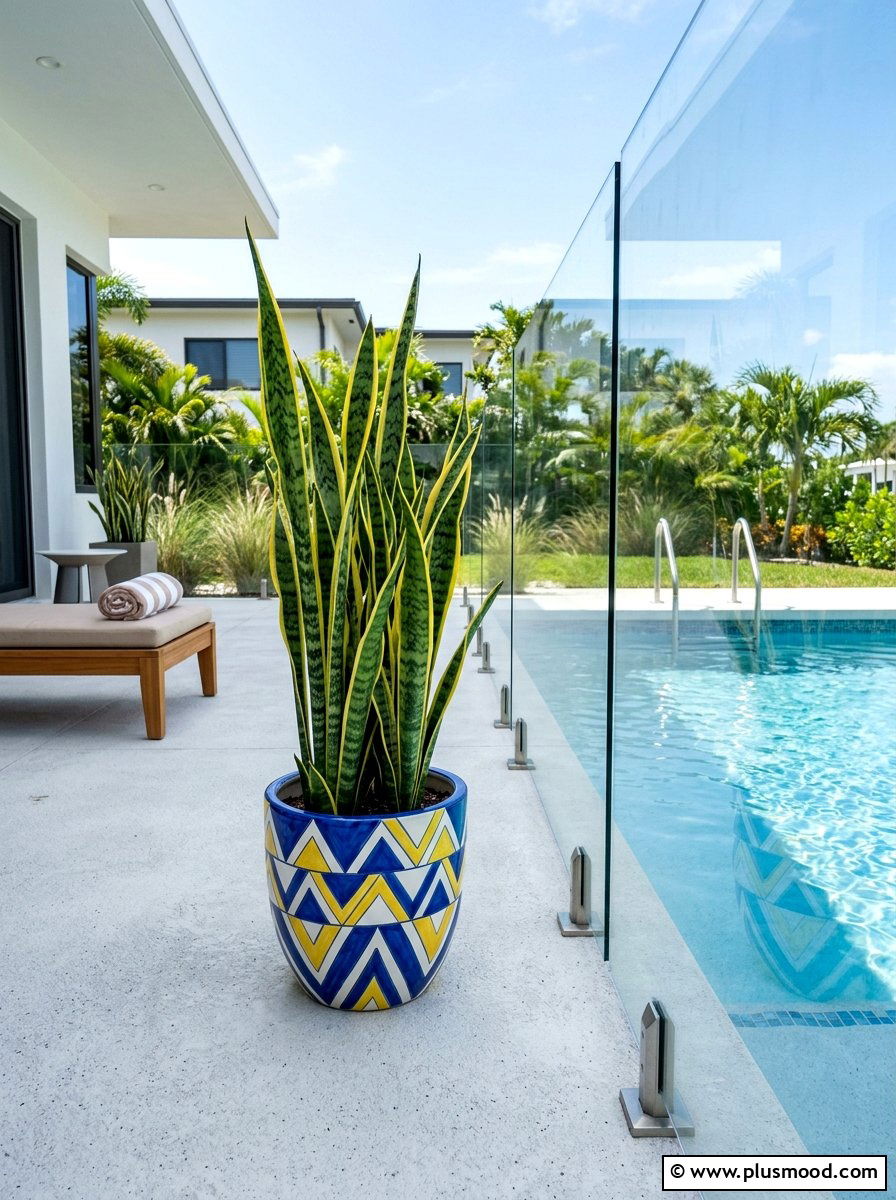 Snake Plant In Geometric Poolside Container - 25 pool landscaping ideas with potted plants
