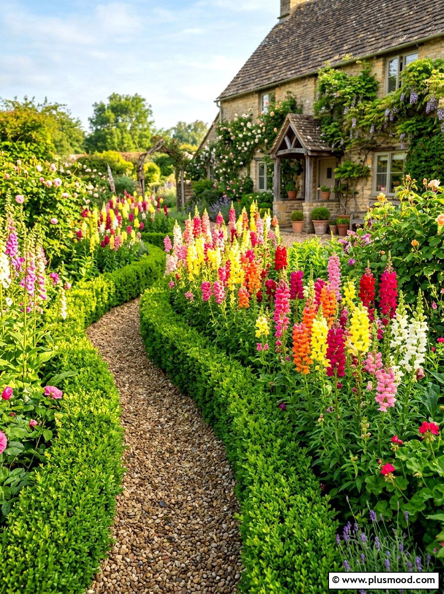 Snapdragon and boxwood garden - 25 summer evergreen and flower mix ideas