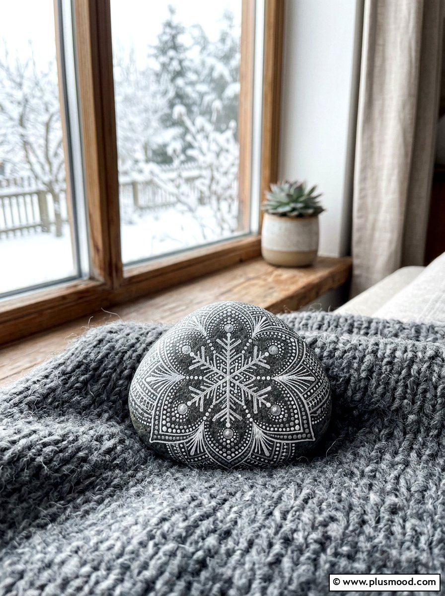 Snowflake Dot Rock - 25 painted rock ideas with dot painting