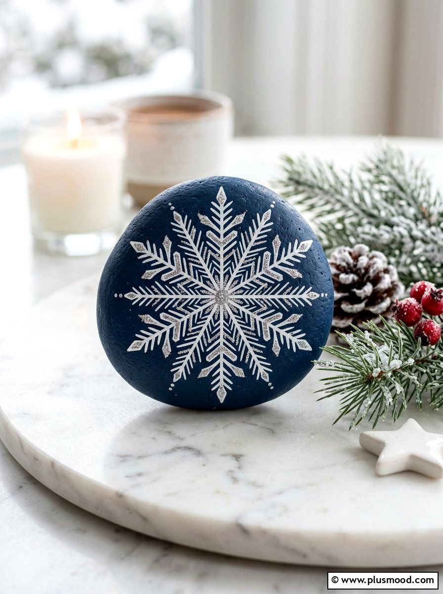 Snowflake painted rock - 25 painted rock ideas for beginners