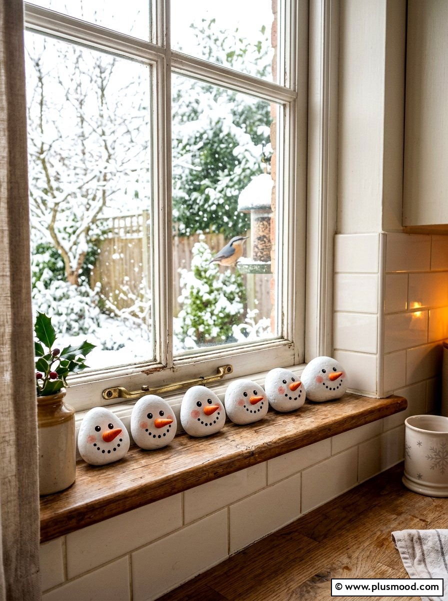 Snowman Face Rock Art - 25 painted rock ideas with seasonal themes