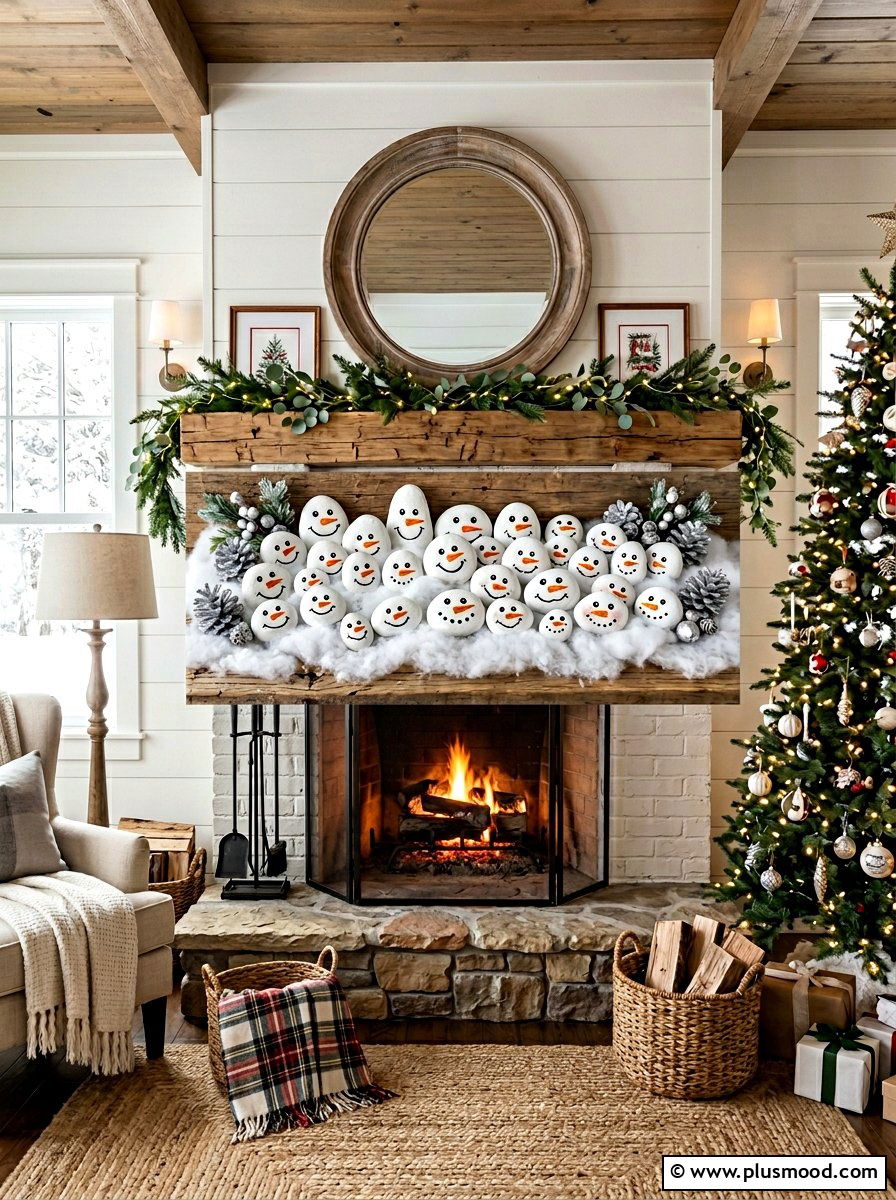 Snowman Face Rock Painting - 25 painted rock ideas for winter scene