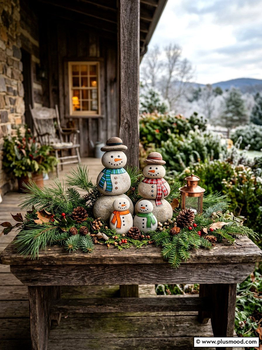 Snowman family stones - 25 painted rock ideas with snowman art