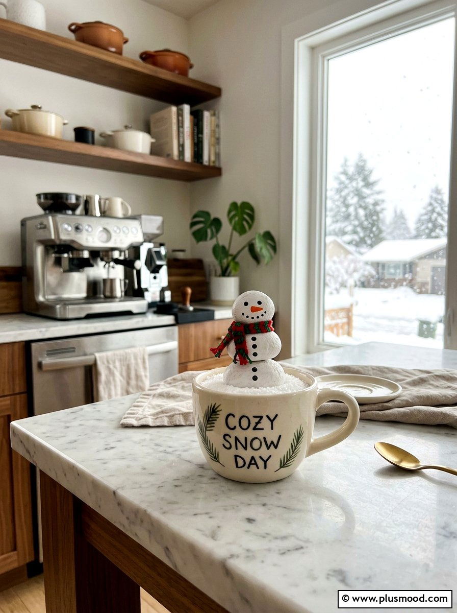 Snowman in coffee mug art - 25 painted rock ideas with snowman art