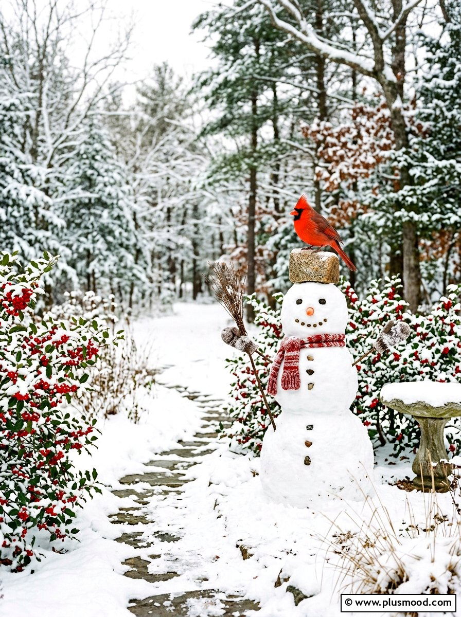 Snowman with cardinal bird rock - 25 painted rock ideas with snowman art