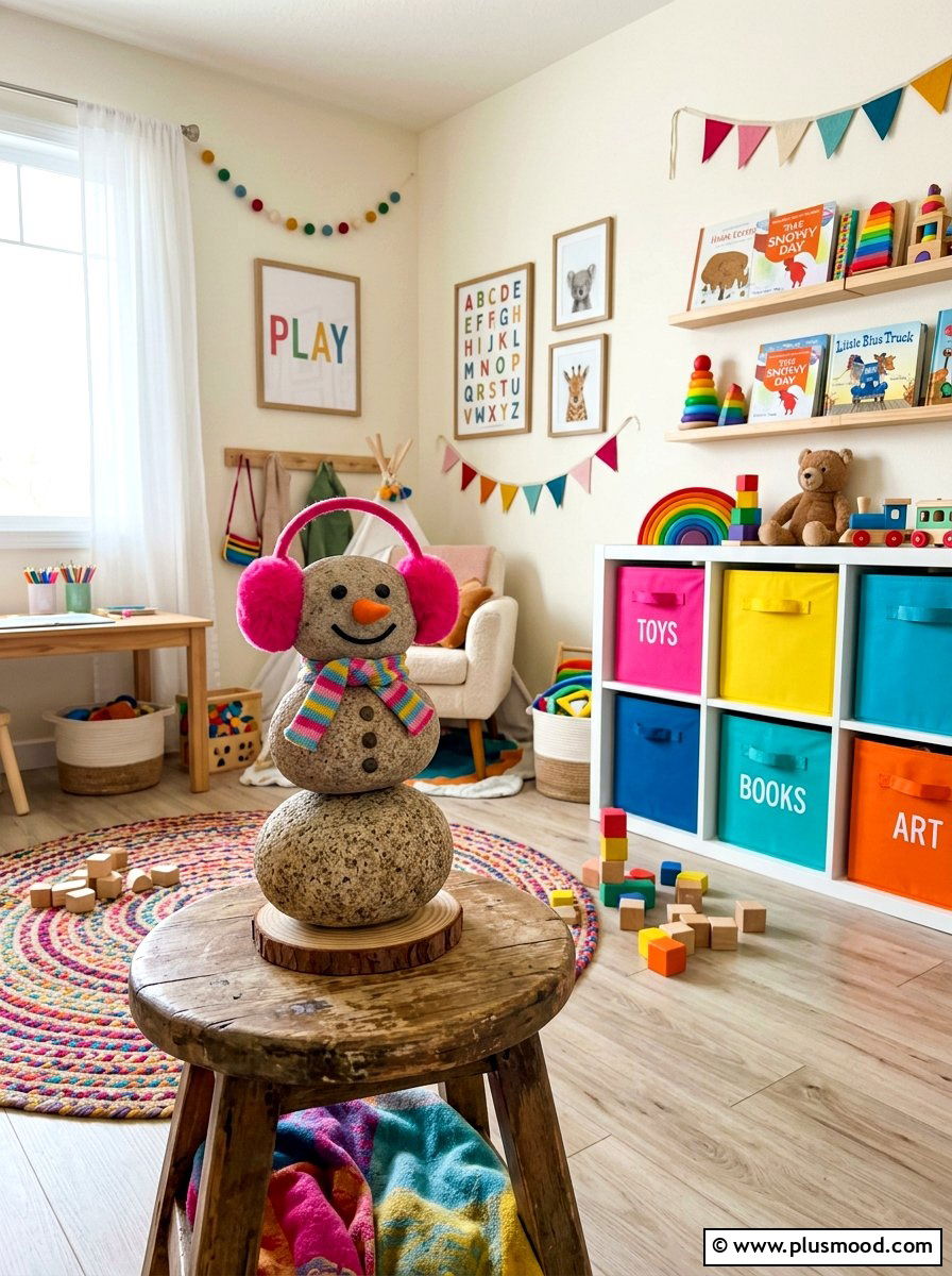 Snowman with earmuffs art - 25 painted rock ideas with snowman art