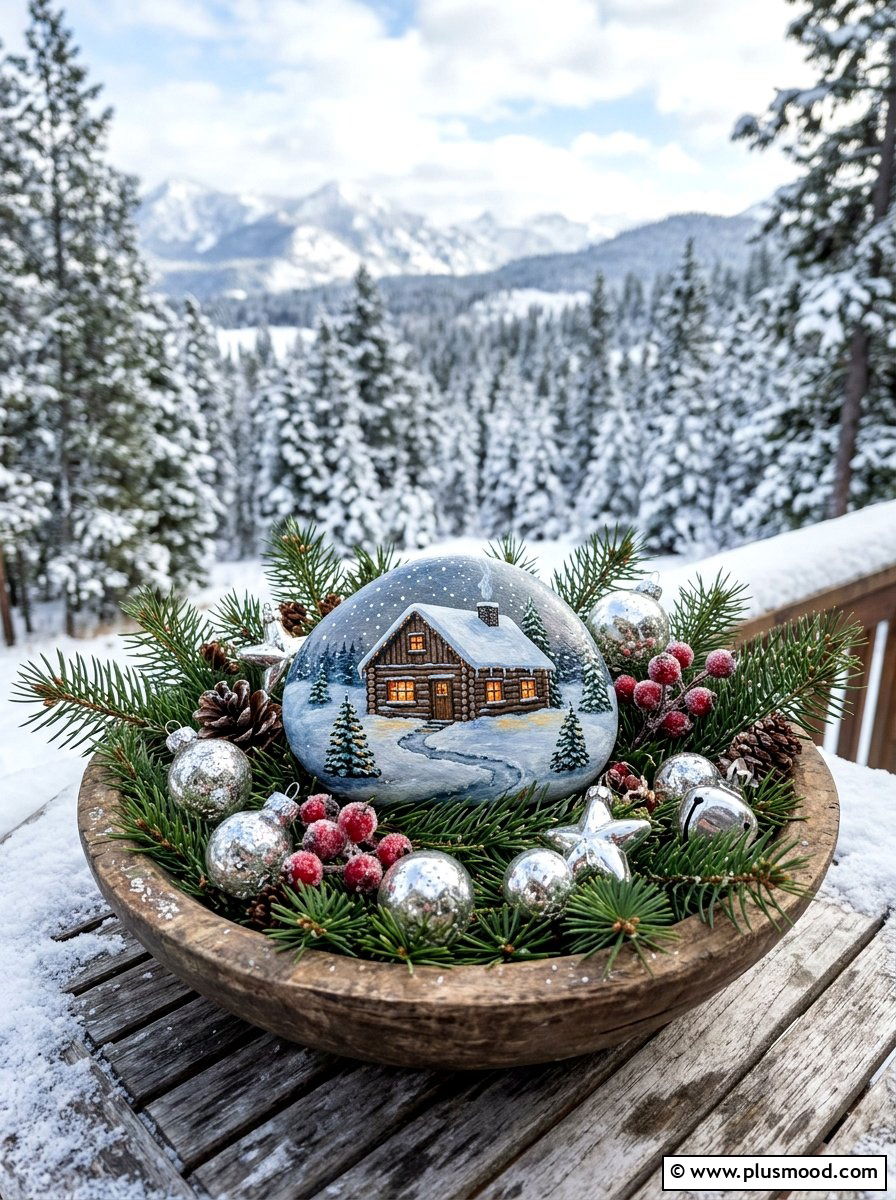 Snowy Winter Cabin - 25 painted rock ideas with landscapes
