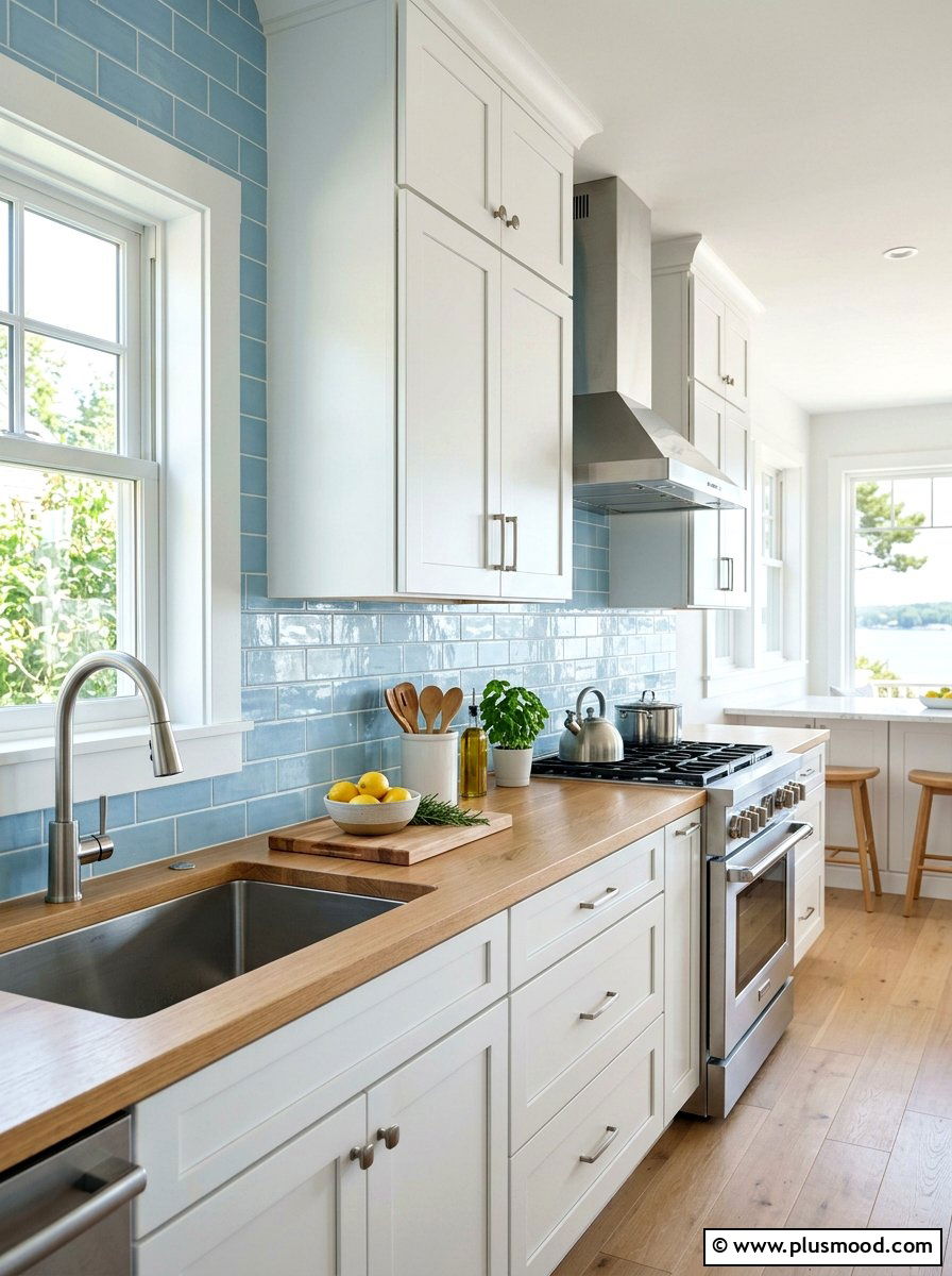 Soft Blue Backsplash Transition - 25 late summer kitchen decor ideas
