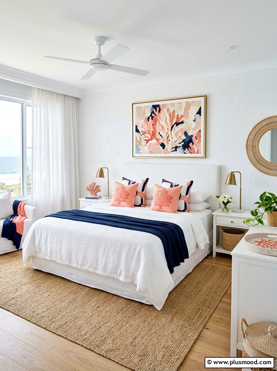 Soft Coral Accent Coastal Bedroom - 25 summer coastal farmhouse bedroom ideas