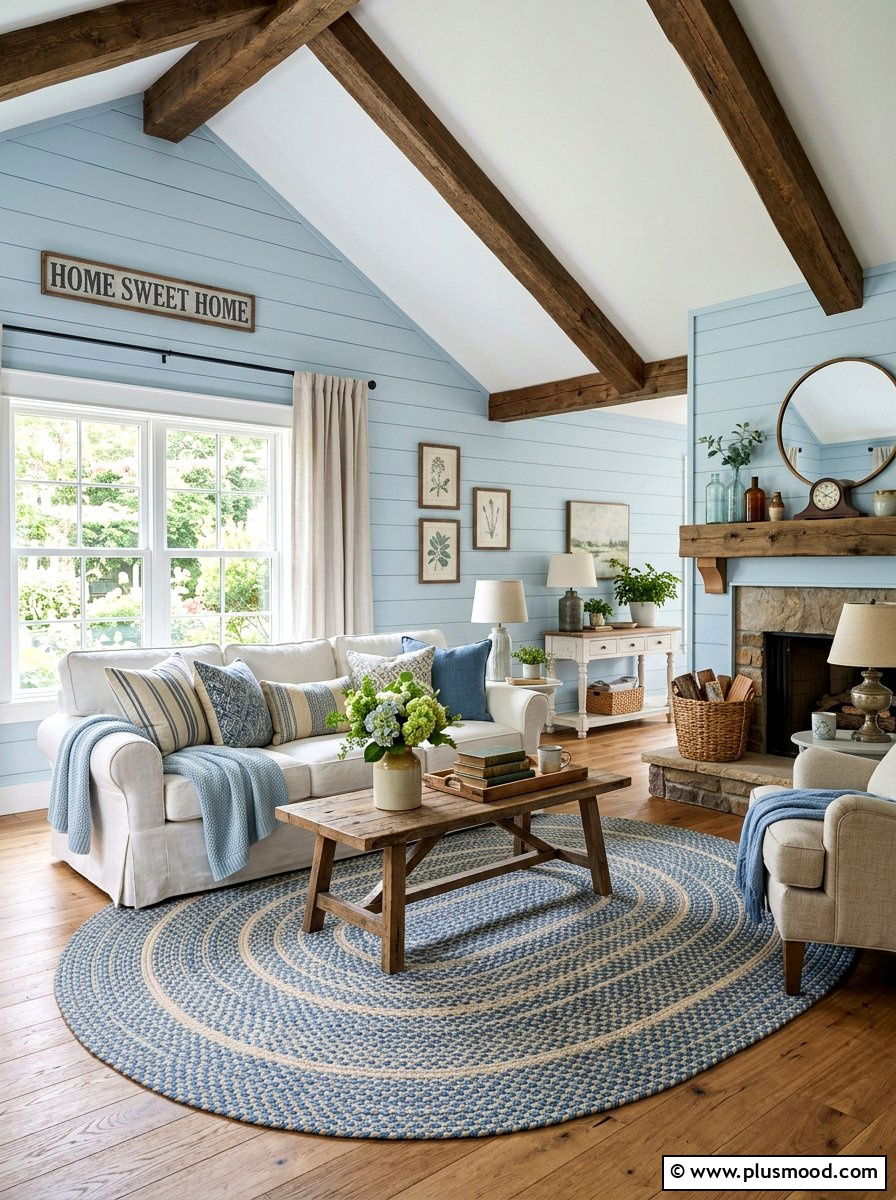 Soft blue farmhouse living room - 25 blue summer living room ideas