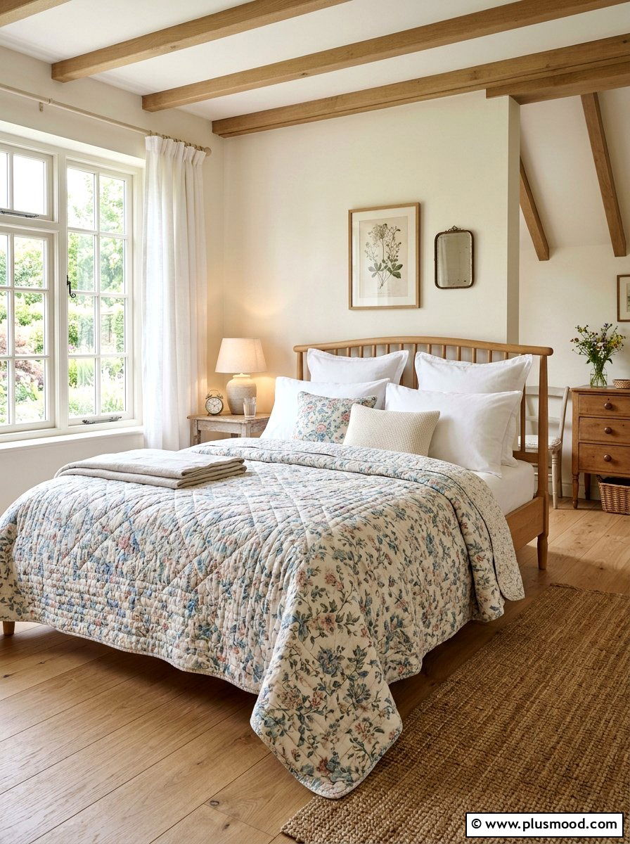 Soft cotton quilted bedding - 25 summer English cottage summer decor ideas