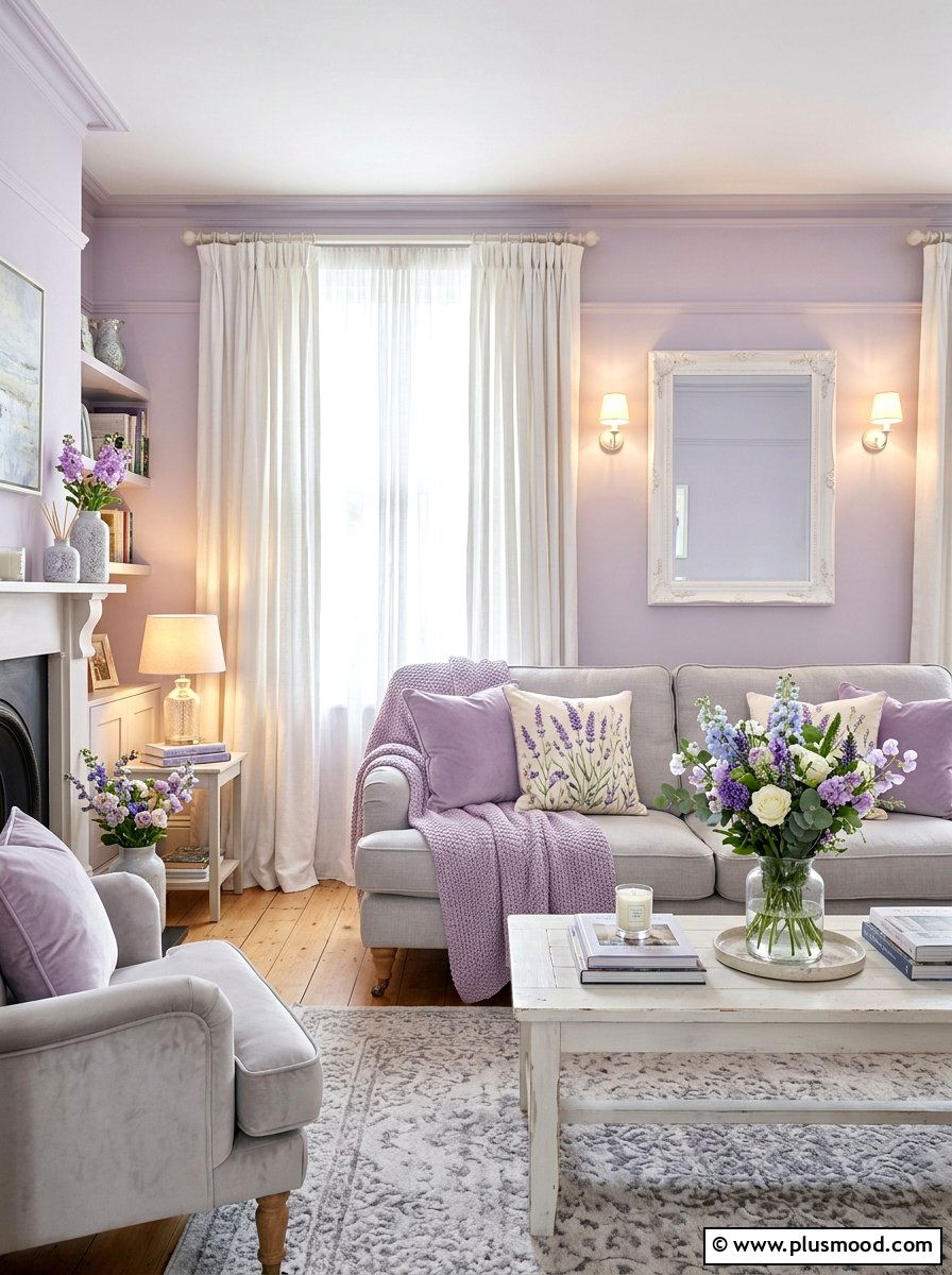 Soft lilac floral living room - 25 summer throw pillow ideas for living room