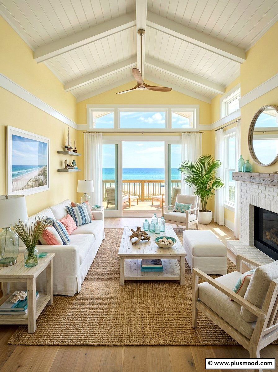 Soft yellow coastal living room - 25 yellow summer living room ideas