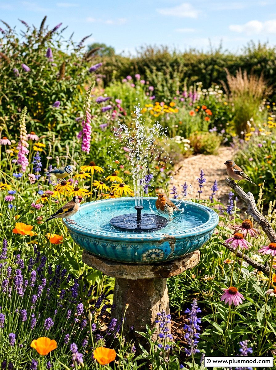 Solar Bird Bath Fountain Garden - 25 small backyard ideas with fountain