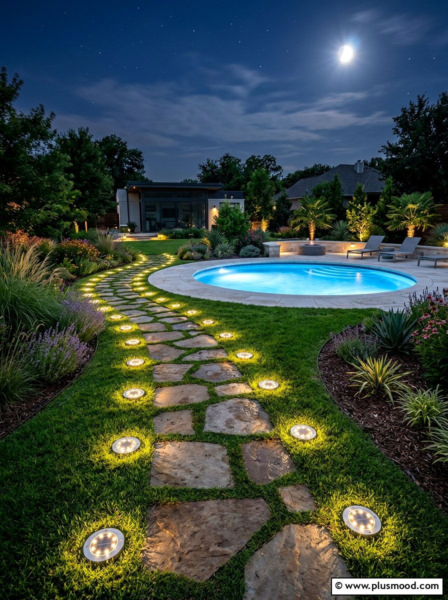 Solar Disk Lights Pool Walkway - 25 pool landscaping ideas with solar lights