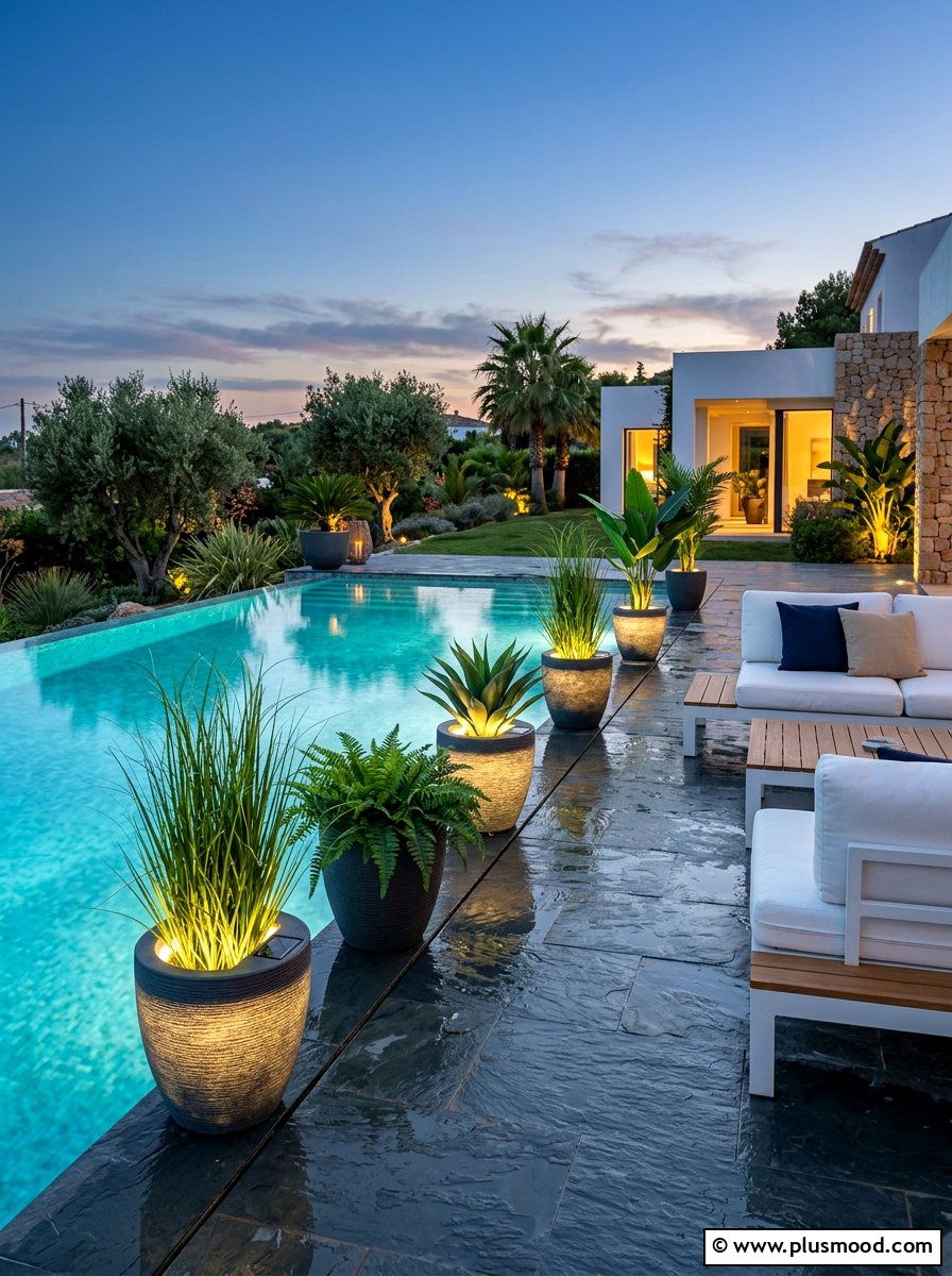 Solar Flower Pot Lights Pool Decor - 25 pool landscaping ideas with solar lights