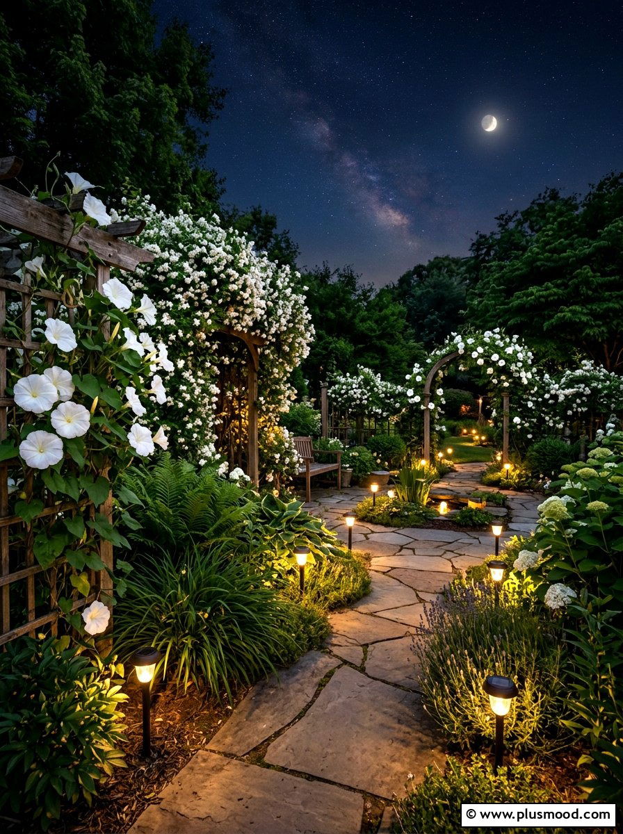 Solar Lit Night Garden - 25 small backyard ideas with butterfly garden