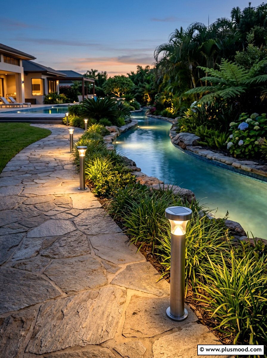 Solar Path Lights - 25 pool landscaping ideas for lazy river pools