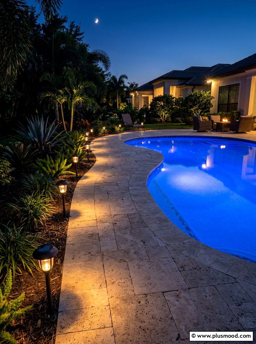 Solar Pathway Lights Poolside - 25 pool landscaping ideas for beginners
