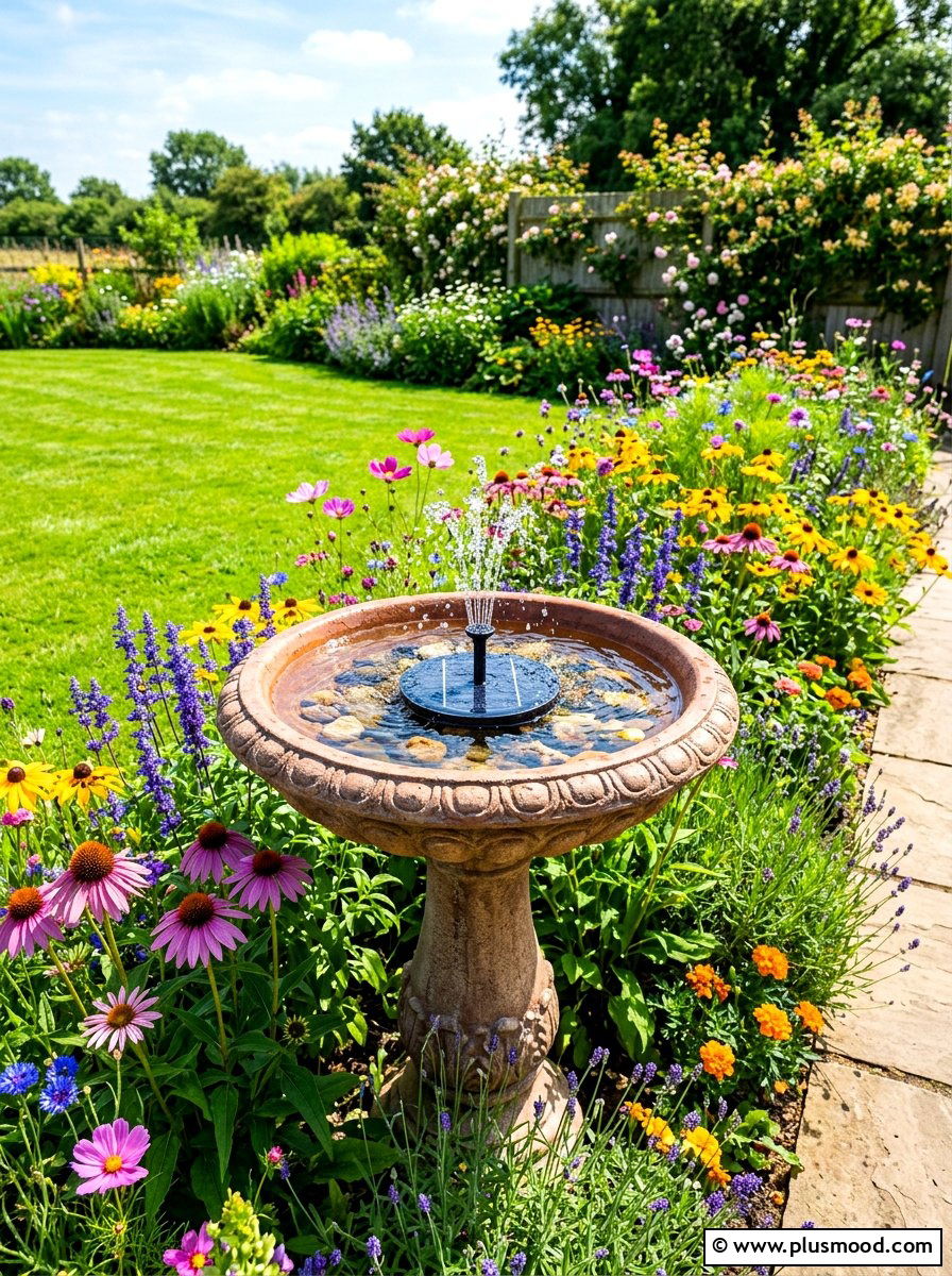 Solar Powered Bird Bath - 25 summer garden fountain ideas
