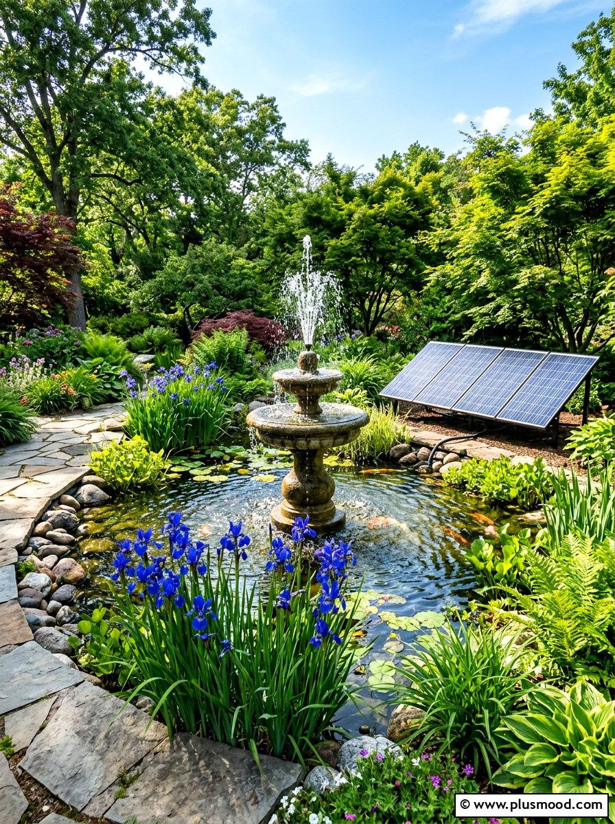 Solar Powered Fountain Pond - 25 summer pond ideas for backyard