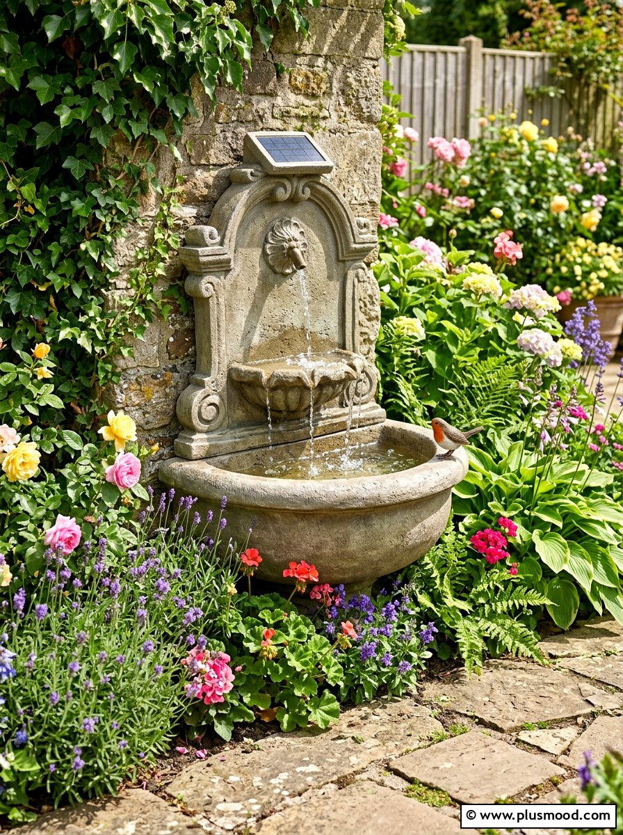 Solar Powered Wall Fountain - 25 small backyard ideas with wall fountain
