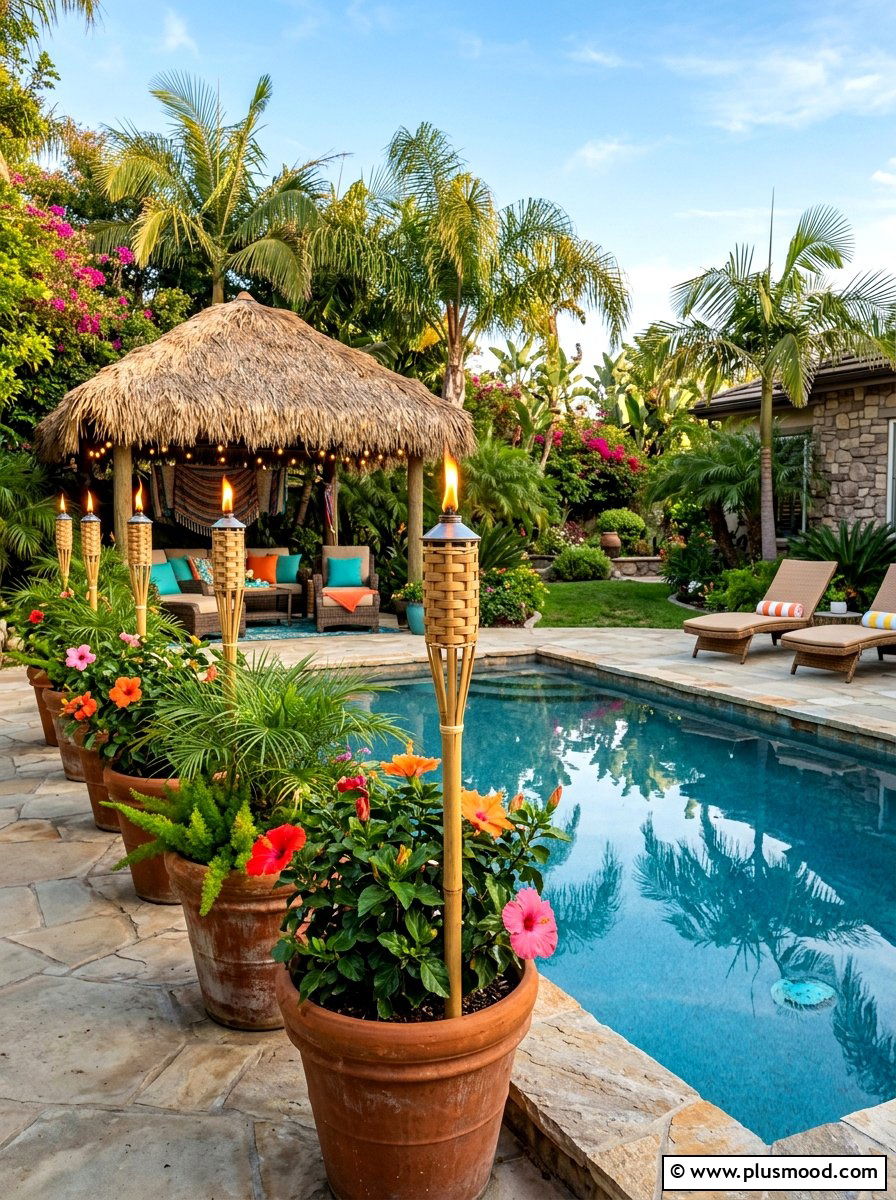 Solar Tiki Torches Pool Area - 25 pool landscaping ideas with solar lights