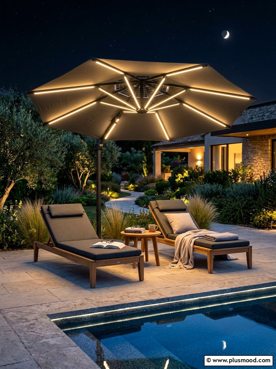 Solar Umbrella Lights Pool Lounge - 25 pool landscaping ideas with solar lights