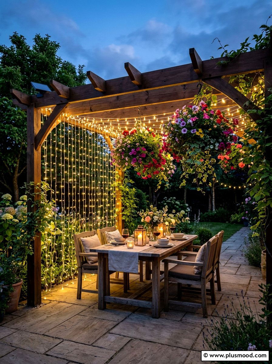 Solar curtain lights for pergola - 25 small backyard ideas with solar lights