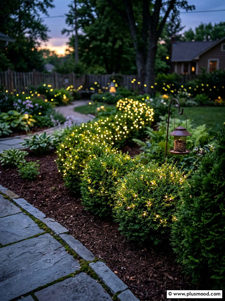 Solar fairy lights for shrubs - 25 small backyard ideas with solar lights