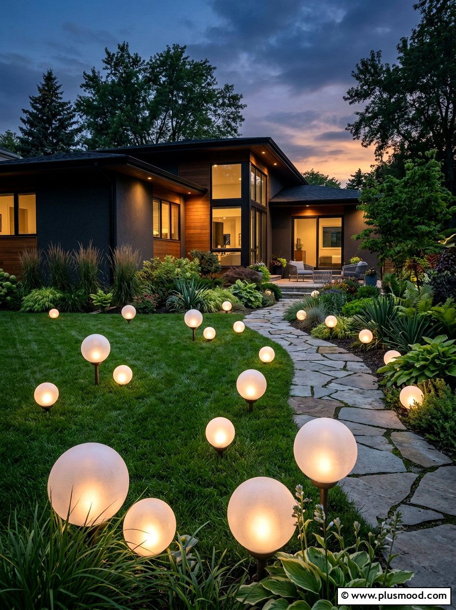 Solar garden globes on grass - 25 small backyard ideas with solar lights