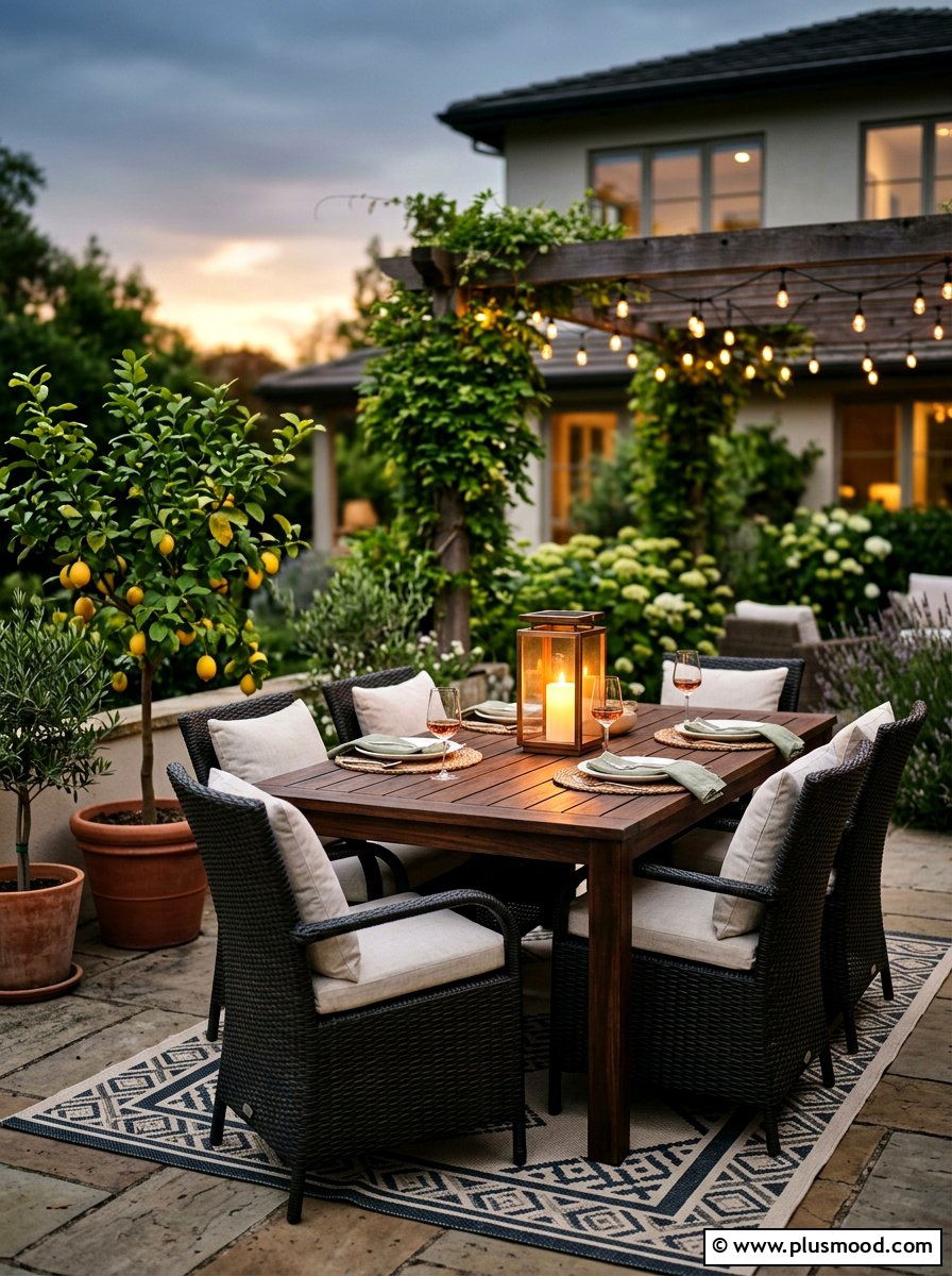 Solar lantern on patio table - 25 small backyard ideas with solar lights