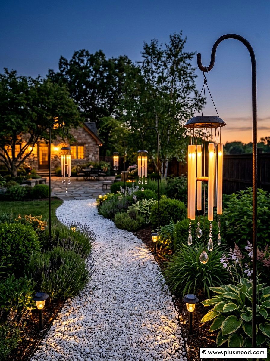 Solar light backyard walkway - 25 outdoor garden decor ideas with wind chimes