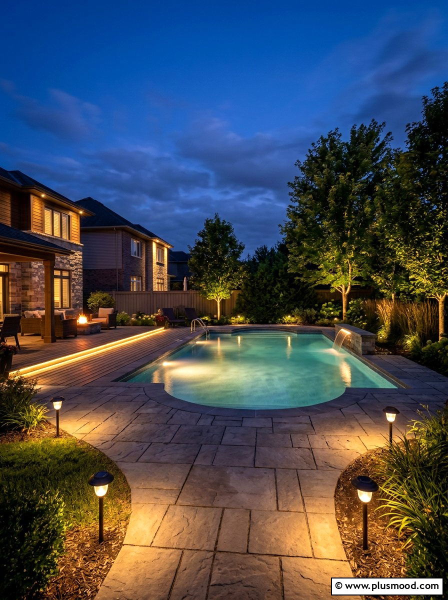 Solar light pool area - 25 pool landscaping ideas for above ground pools
