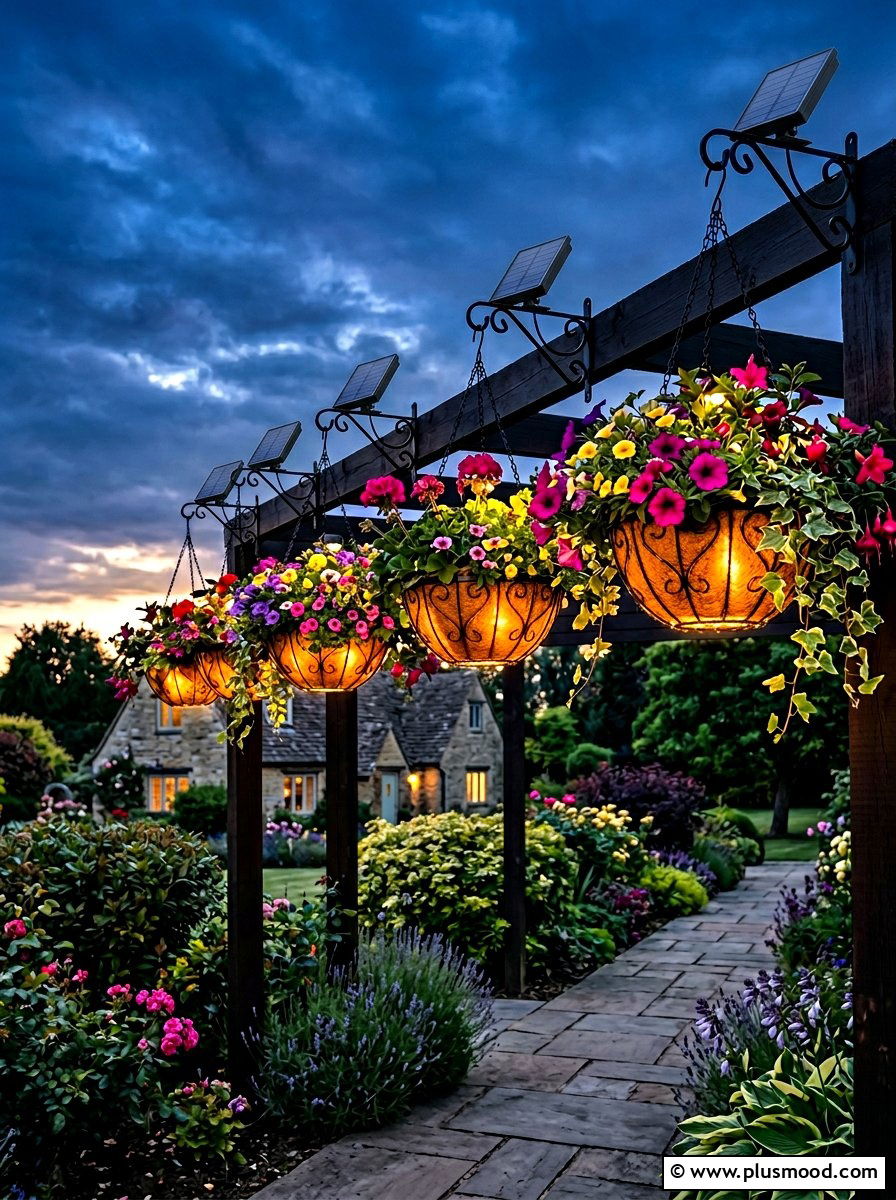 Solar lit hanging baskets - 25 small backyard ideas with hanging plants