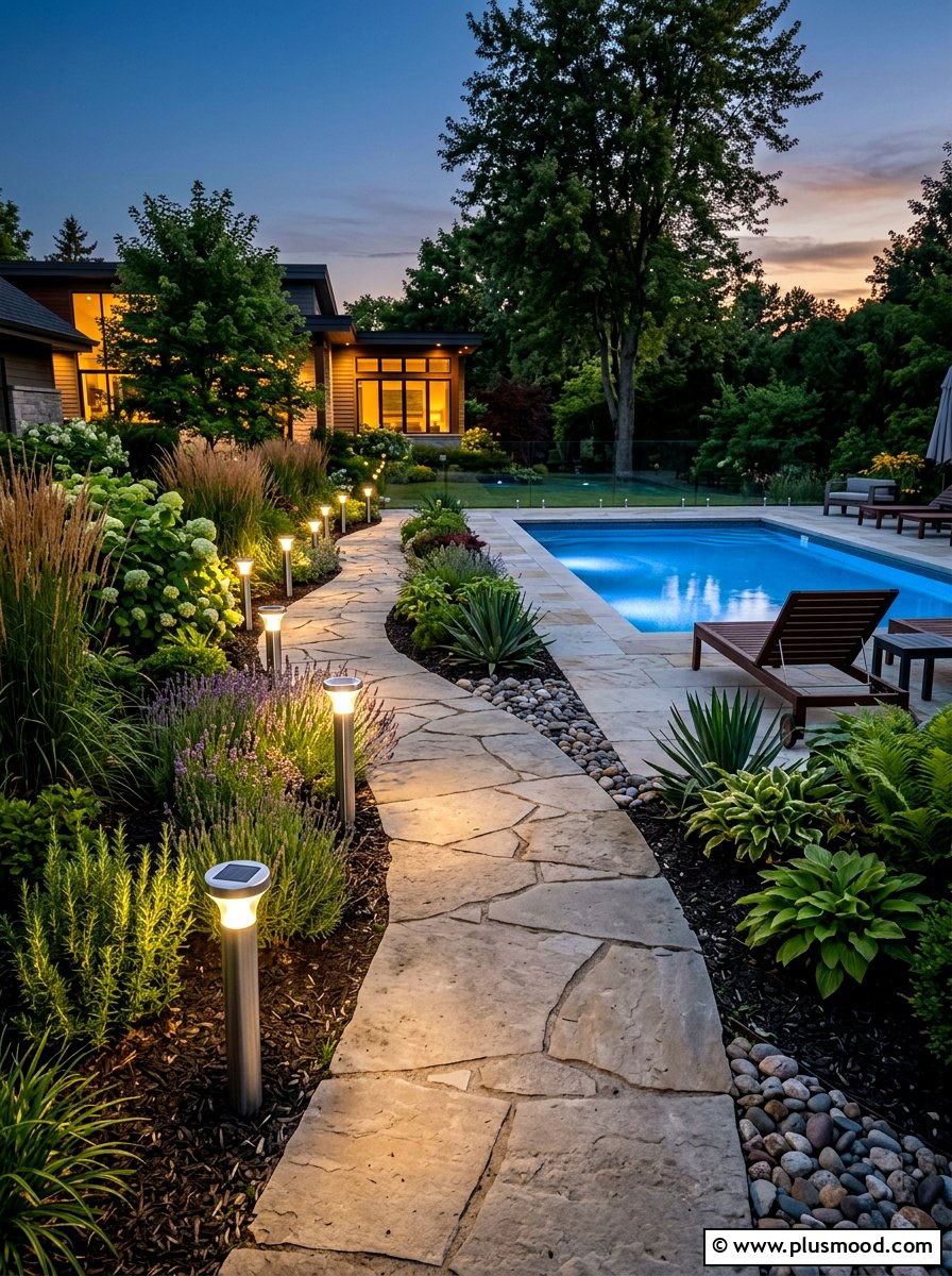 Solar pool path lighting - 25 pool landscaping ideas on a budget