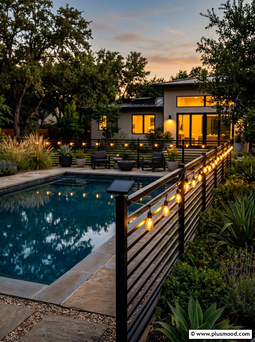 Solar powered string lights on fence - 25 summer pool fence decor ideas