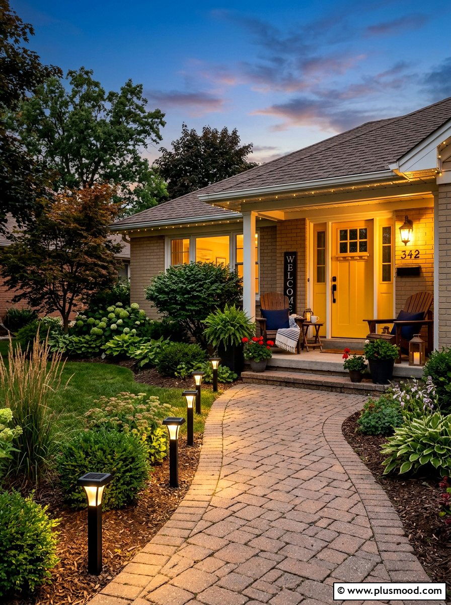 Solar powered walkway lights - 25 summer small porch curb appeal ideas