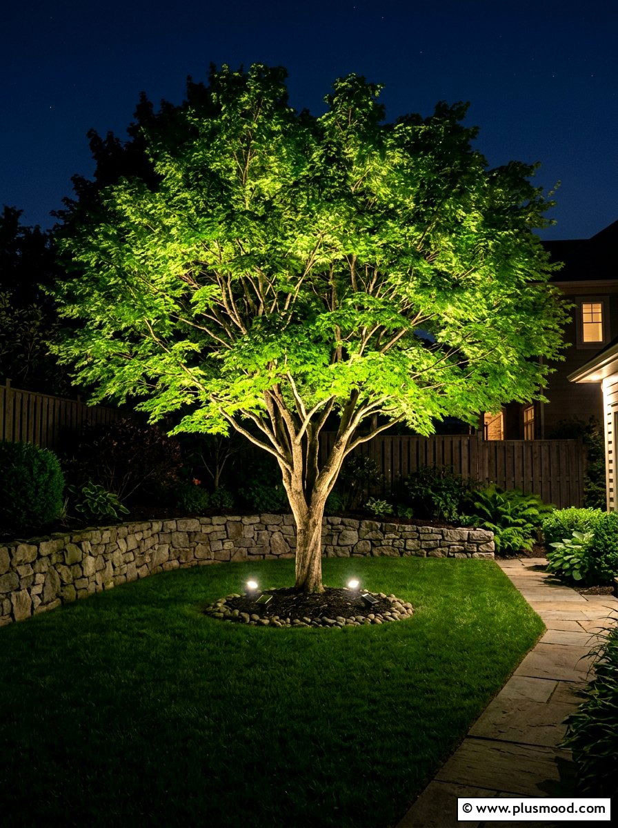 Solar spotlights for trees - 25 small backyard ideas with solar lights