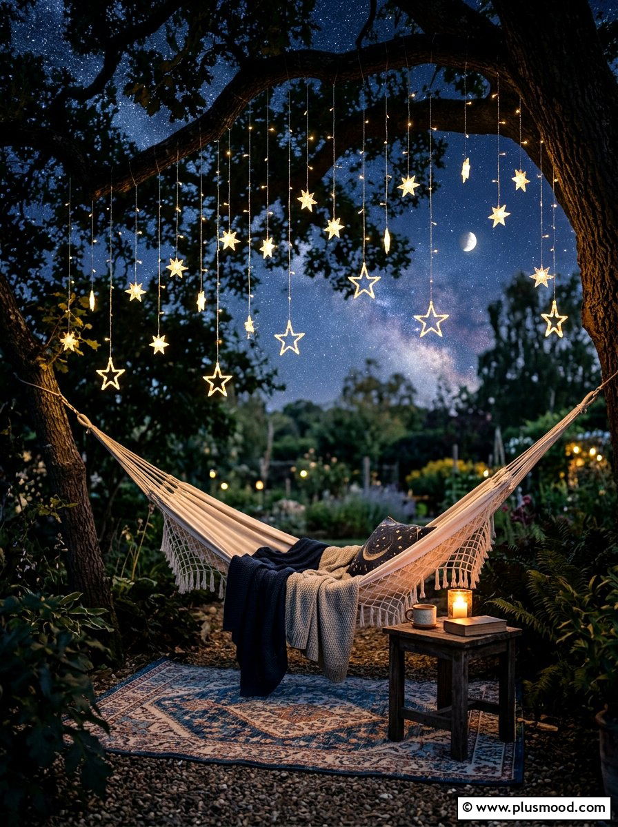 Solar star lights for seating area - 25 small backyard ideas with solar lights