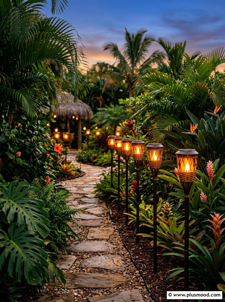 Solar tiki torches - 25 small backyard ideas for tropical theme