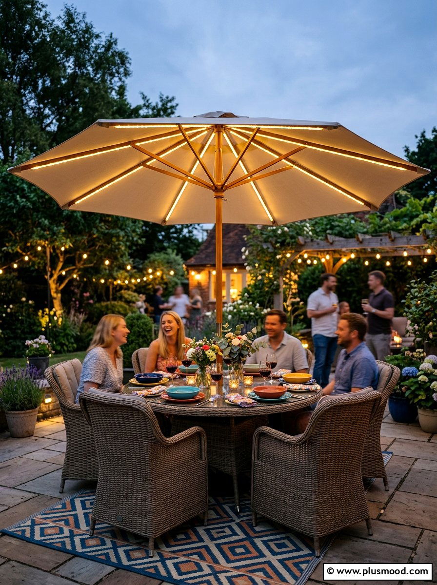 Solar umbrella lights for dining - 25 small backyard ideas with solar lights