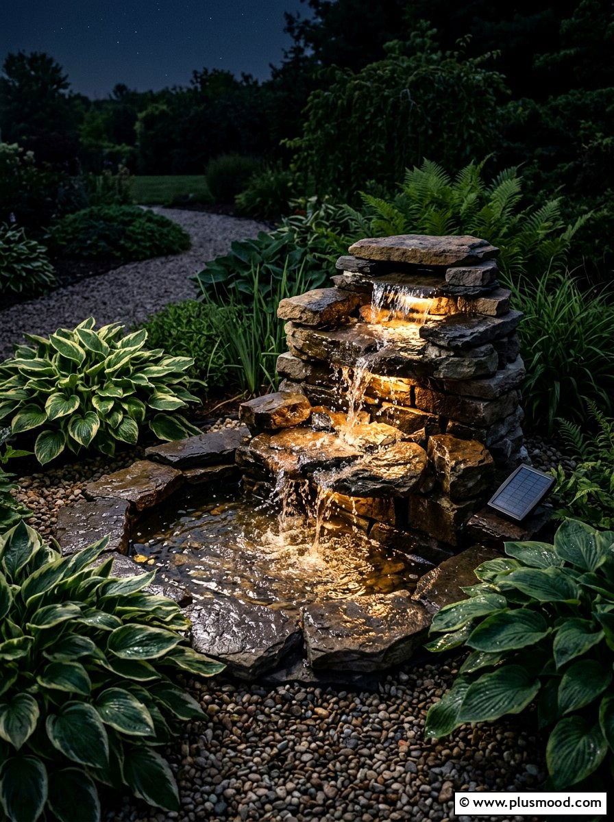 Solar water fountain lighting - 25 small backyard ideas with solar lights