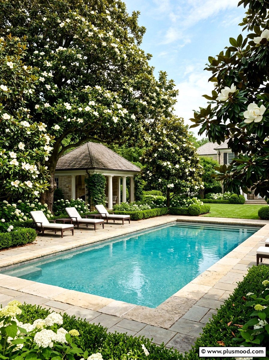 Southern Magnolia Pool Garden - 25 pool landscaping ideas with shade trees